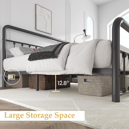 Fluest 14 Inch Full Bed Frame Classic Metal Platform Bed Frame with Charging Station & LED, Victorian Style Iron-Art Headboard/Footboard, Under Bed Storage, No Box Spring Needed, Noise Free Fluest