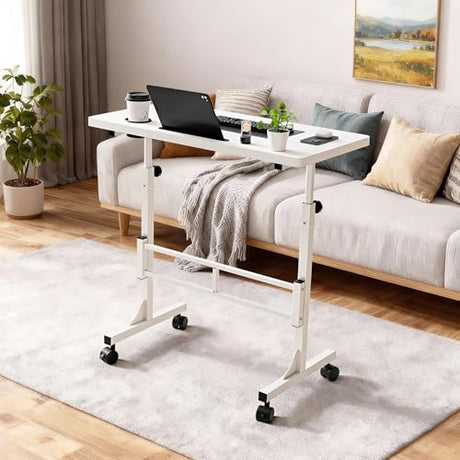 Furmax Small Portable Standing Desk Adjustable Height, Mobile Stand Laptop Computer Workstation with Lockable Wheels for Walking Pad Treadmill (White) Furmax