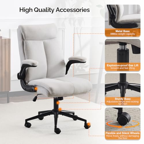 VINGLI Rolling Ergonomic Office Desk Chair with Padded Flip-up Arms, 360° Swivel High Back Executive Computer Chair with Wheels for Game,Home Small Space, Study Room, Reading Room, Linen Light Grey VINGLI