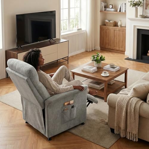 LegacyAmerhome Power Recliner Chair for Adults with Heat & Massage - Soft Fabric Electric Reclining Sofa with Remote Control, 3 Side Pockets, 180° Lay Sleeper for Living Room Home Theater, Light Grey