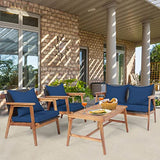 Tangkula 4-Piece Patio Furniture Set, Outdoor Acacia Wood Conversation Set with Cushions and Coffee Table, Outdoor PE Wicker Sectional Sofa Set for Garden, Poolside and Backyard (1, Navy) Tangkula