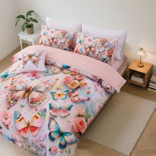 A Nice Night 6pcs Bed in A Bag Pink and Blue Dreamy 3D Various Butterfly Printed, Colorful Butterflies Flying in Flower Design Bedding Full Comforter Set, for Girls Kids Teens A Nice Night