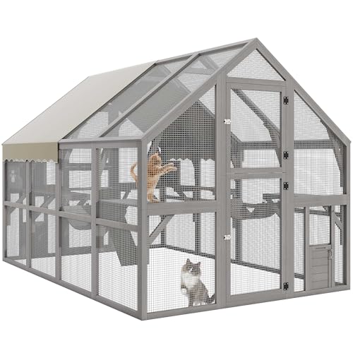 DWVO Extra Large Catio Outdoor Cat Enclosure, 110 inch Outside Cattery with Weatherproof Roof, Cat Scratcher Ramp, Cat Space Capsule Bed, 2 Bridges, 2 Resting Houses, 7 Platforms DWVO