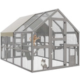 DWVO Extra Large Catio Outdoor Cat Enclosure, 110 inch Outside Cattery with Weatherproof Roof, Cat Scratcher Ramp, Cat Space Capsule Bed, 2 Bridges, 2 Resting Houses, 7 Platforms DWVO