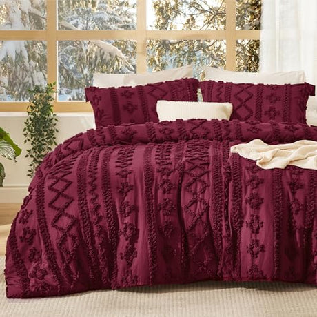 Bedsure Tufted Boho Comforter Set Twin Size - Burgundy Boho Bed Set, GentleSoft™ 2 Pieces Farmhouse Shabby Chic Embroidery Bedding, Gifts for Woman, Soft Jacquard Twin Comforter for All Seasons Bedsure