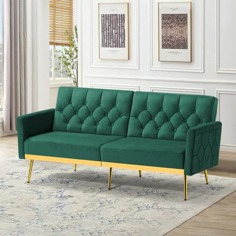 ACMEASE Velvet Futon Sofa Bed w/Adjustable Armrests & Backrests, Button Tufted Sleeper Couch, Modern Convertible Loveseat Sofa for Bedroom, Living Room, Apartment, Green ACMEASE