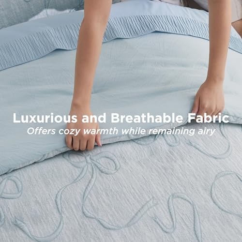 Bedsure Dusty Blue King Size Comforter Set, GentleSoft™ 3 Pieces Breathable Bow Comforter Set Women with 2 Pillow Shams, Cute King Bedding Set Room Decor Aesthetic Bedroom Decor, 104x90 Inches Bedsure