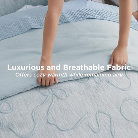 Bedsure Dusty Blue Comforter Set Queen, GentleSoft™ 3 Pieces Breathable Bow Comforter Set Women Girls with 2 Pillow Shams, Cute Queen Bedding Sets Room Decor Aesthetic Bedroom Decor, 90x90 Inches Bedsure