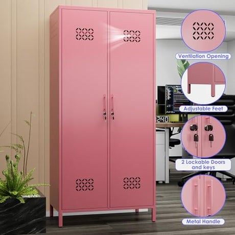 METAN 71" H*33.5" W*20" D Metal Wardrobe Closet with Lock,Extra Deep 2 Doors Metal Wardrobe Cabinet for Home,Assembly Required,Pink METAN