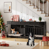 GarveeHome Dog Crate Furniture for 2 Dogs, Dog Kennel Indoor with 4 Storage Drawers and Feeding Bowls, Double Dog Crate TV Stand for Small Medium Dogs, Black GarveeHome