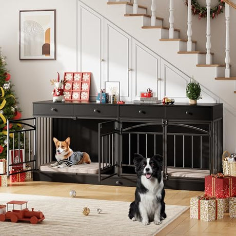 GarveeHome Dog Crate Furniture for 2 Dogs, Dog Kennel Indoor with 4 Storage Drawers and Feeding Bowls, Double Dog Crate TV Stand for Small Medium Dogs, Black GarveeHome