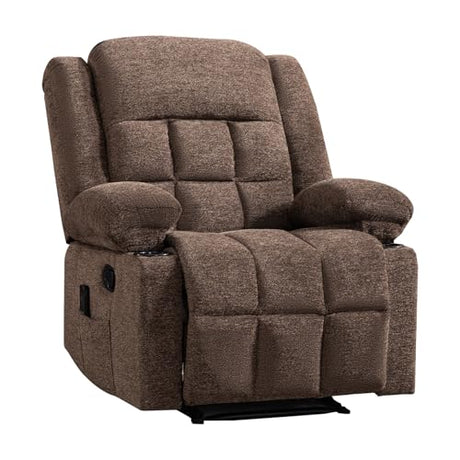EBELLO Manual Recliner Chair for Adults with Vibration Massage and Lumbar Heating, Soft Fabric Recliner Single Sofa for Living Room with Side Pocket and Two Cup Holders, Brown EBELLO