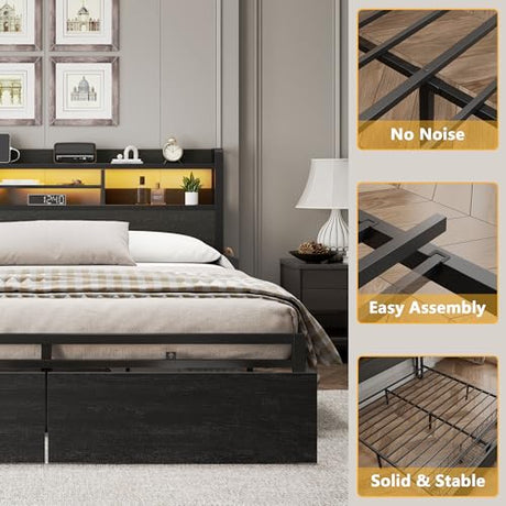 Furnulem King Bed Frame with Wood Headboard & Storage Drawers, Metal Platform Bed Frames King Size with LED Lights, Built in Charging Station, No Box Spring Needed, No Noise, Easy Assembly, Black Furnulem
