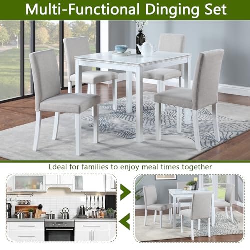 LUMISOL Dining Table Set for 4, 5-Piece Solid Wood Kitchen Table Set with 4 Upholstered Chairs for Kitchen, Dining Room, Home Bar, White LUMISOL