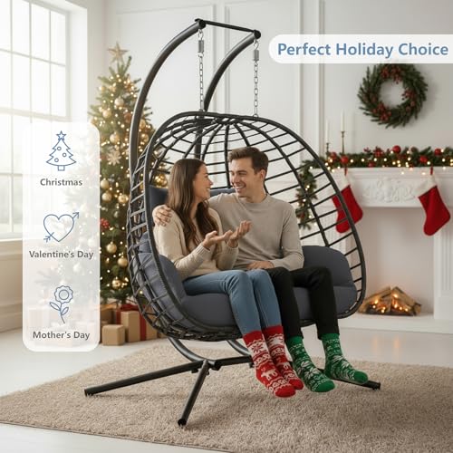 SWITTE Double Egg Swing Chair with Stand, Outdoor Patio 2 Person Hanging Wicker Hammock Chairs with Cushion for Indoor Bedroom, Lawn, Garden-Dark Grey SWITTE