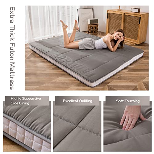 MAXYOYO Futon Mattress, Padded Japanese Floor Mattress Quilted Bed Mattress Topper, Extra Thick Folding Sleeping Pad Breathable Floor Lounger Guest Bed for Camping Couch, Dark Grey, Queen MAXYOYO