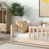 Oudiec Twin Size Montessori Floor Bed with Safety Fence - Easy Assembly Solid Wood Frame in Natural Finish Oudiec