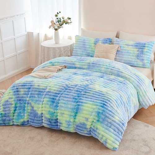 ZRNBAST Fluffy Duvet Cover Twin Size, Tie Dye Blue Green Plush Fleece Bedding Sets, Super Soft Faux Fur Bed Set with Zipper, Luxury Fuzzy Comforter Cover with 2 Pillowcases(Blue Green, Twin) ZRNBAST