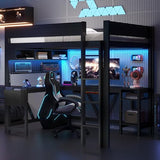 SOFTSEA Full Size Gaming Loft Bed with Desk, Wooden Loft Bed with LED Light and USB Ports, Wood Gaming Bed with Desk Underneath and Storage for Teens Adults, Black SOFTSEA