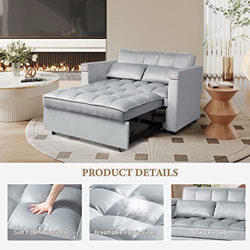 Convertible Sofa Bed, 3-in-1 Multi-Functional Velvet Sleeper Couch Pull-Out Bed, 48'' Loveseat Chaise Lounge with Adjustable Backrest and Pillows, Hidden Side Table for Living Room, Small Space ORRD