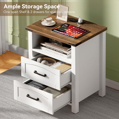 Decofy Farmhouse Nightstand Set of 2 with Charging Station, 18'' Wide Rustic End Table with USB/Type-C Ports, 2 Drawers & Open Shelf, Wood Bedside Table for Bedroom, White Decofy
