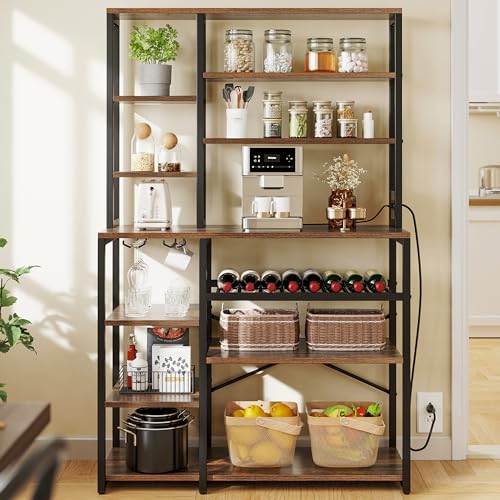 YITAHOME Kitchen Microwave Stand Bakers Rack Coffee Bar with Power Outlet, 39 Inch Large Freestanding Tall Dining Room Storage Shelves for Wine Liquor with Cup Holder, Rustic Brown