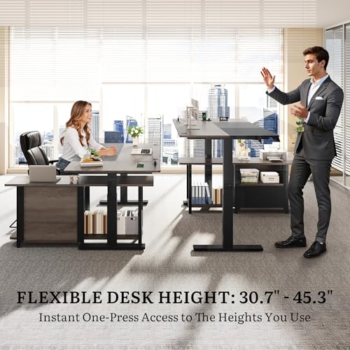 YITAHOME L Shaped Standing Desk with Power Outlets, 70.1" Electric Standing Desk Adjustable Height Sit Stand Corner Standing Desks Executive Desk with Drawers & Shelves, Grey + Black YITAHOME