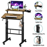 Klvied Rolling Mobile Desk with Cup Holder, Portable, Adjustable Height Small Stand up Desk on Wheels for Home Office Laptop Cart, Computer, Standing or Sitting,Oak Klvied