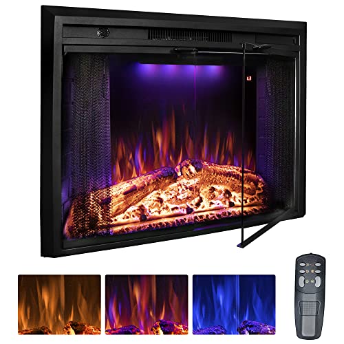 Benrocks 36” Electric Fireplace Inserts with Glass Door and Mesh Screen, Multicolor Flames & Fire Crackling Sounds, Timer, Overheating Protection Fireplace Heater, 750/1500W Benrocks