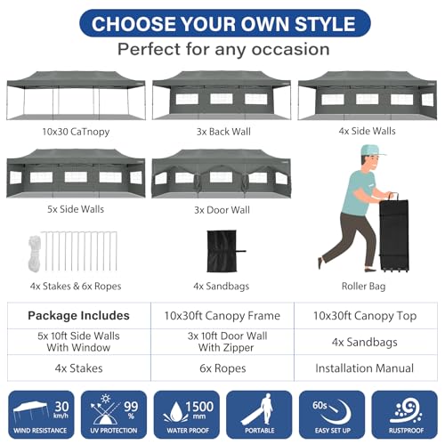 Tooluck 10x30 Pop up Heavy Duty Canopy with 8 sidewalls, Waterproof Commercial Pop up Party Tent Canopy,Outdoor Tents for Wedding Parties, 3 heigh Adjustable Gazebo with Wheeled Bag,Grey Tooluck