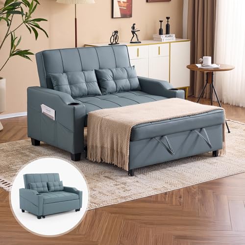 VINGLI Blue Grey Futon Sofa Bed Convertible Loveseat Sleeper Couch, Faux Leather Pullout Sofa Fold Out Couch Bed with USB Ports, Cup Holders, Armrest for Living Room, Bedroom Apartment Room VINGLI