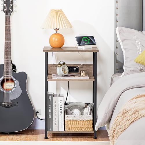 AMHANCIBLE Record Player Stand with Charging Station, Turntable Stand with Storage Cabinet, 3 Tier End Table Hold Up to 100 Albums, Record Stand for Vinyl, Living Room, Greige, HETCD01GY-1 AMHANCIBLE