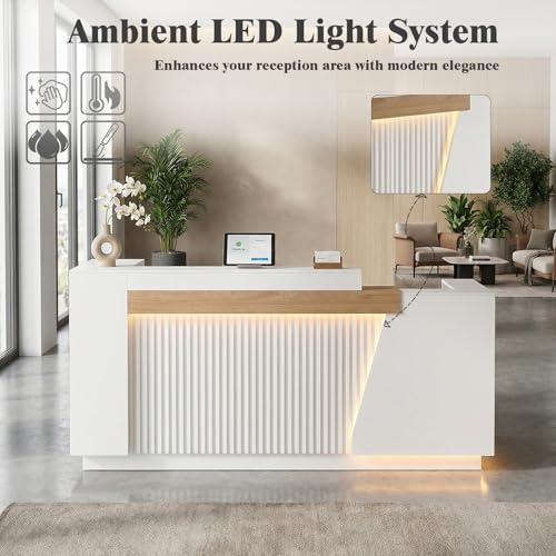 Modern Reception Desk with LED Lights & Built-in Outlets, 63” L-Shaped Front Desk with Slatted Grille Design,White Checkout Counter for Salon, Retail Store, Office, Dimmable Switch Laxodor