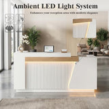 Modern Reception Desk with LED Lights & Built-in Outlets, 63” L-Shaped Front Desk with Slatted Grille Design,White Checkout Counter for Salon, Retail Store, Office, Dimmable Switch Laxodor