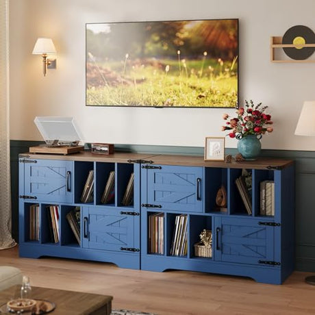 BouPower 39" Large Vinyl Record Player Stand with Vinyl Storage, Farmhouse Wood Turntable Record Player Stand with Storage Cabinet and 2 Barn Doors to 450 Albums for Living Room Bedroom, Navy Blue BouPower