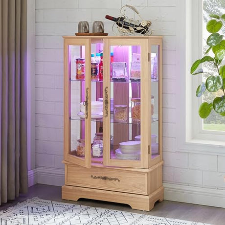 VeroFree Lighted Glass Curio Display Cabinet with Adjustable Shelves – 2 Doors, 1 Drawer, Led Lights, Elegant Light Oak Finish for & Office Decor (1 Drawers + 2 Doors + 1 Shelves) VeroFree