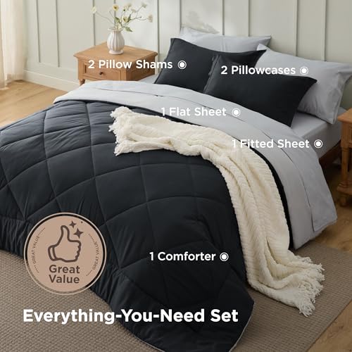 Bedsure Queen Comforter Set - 7 Pieces Reversible Black Bedding, Queen Size Bed Set for All Seasons, Bed in a Bag with Down Alternative Comforter, Sheets, Pillowcases & Shams Bedsure