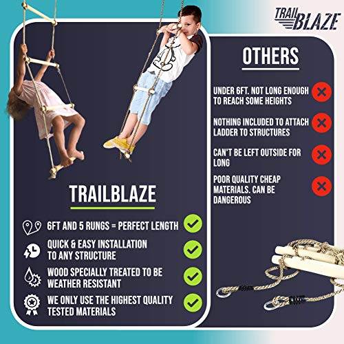 Wooden Climbing Rope Ladder for Kids - Kids Ninja Warrior Obstacle Course Accessories | Playset Rope Ladder for Swing Set Treehouse Bunkbed | Playground Ninja Obstacles Swing Rope Ladder Trailblaze