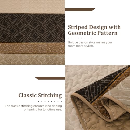 Boho Queen Quilt Set,Striped Plaid Bedspread Coverlet Set,Light Brown Bedding Set Soft Microfiber Bedding Set with 2 Pillow Shams 96"x90" Cottolester
