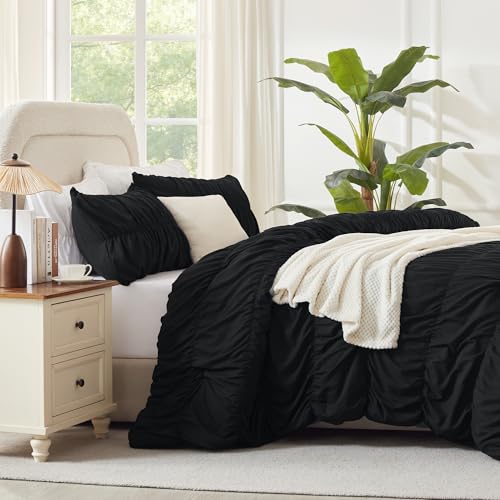 Andency Ruched Black Full Size Comforter Sets, Shabby Chic Pleatd Bedding Sets 3 Pieces, Lightweight Soft Boho Ruffle Bed Set for Girls, Kids, Women, All Season Andency