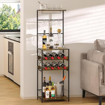 5-Tier Wine Rack Freestanding Floor, Liquor Bar Stand with Glasses Holder and 4 S Hooks, Corner Mini Bar Cabinet for Small Space, 8 Bottles Wine Bar Cabinet for Home, 11.81"D x 16.53"W x 53.55"H