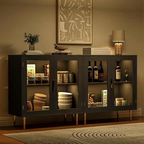 Housoul Sideboard Buffet Cabinet with 4 Doors, Modern Sideboard Cabinet with LED Lights, Bar Cabine with Adjustable Shelf, Coffee Bar Storage Cabinet with Golden Handles for Kitchen, Black - WoodArtSupply