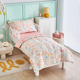 Joyreap 4 Piece Cotton Toddler Bedding Set for Girls, Pink Flowers Design, Soft n Breathable Cotton Toddler Comforter Set, Includes Quilted Comforter, Fitted Sheet, Top Sheet, and Pillow Case Joyreap