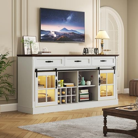 St.Mandyu 66" Sideboard Buffet Cabinet with Drawers, Farmhouse Buffet Table with Storage, Modern Coffee Bar Wine Bar Cabinet with Barn Doors for Kitchen, Dining Room, Living Room, White St.Mandyu