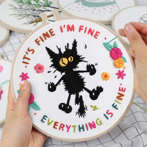 Louise Maelys Cute Cat Embroidery Kits for Beginners,Adults Starter Cross Stitch Kit with Funny Animal Pattern,DIY Needlepoint Everything is Fine