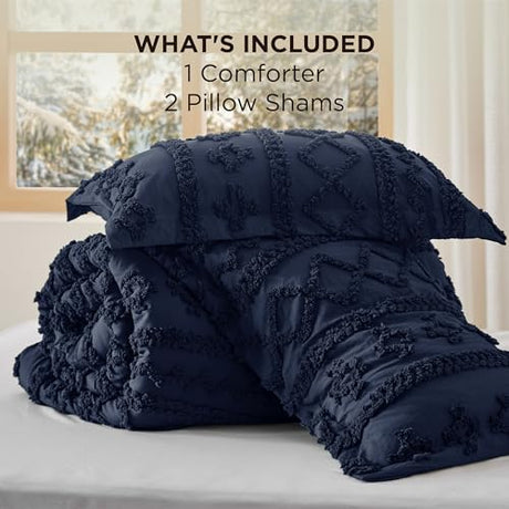 Bedsure Tufted Boho Comforter Set King Size - Navy Boho Bed Set, GentleSoft™ 3 Pieces Farmhouse Shabby Chic Embroidery Bedding, Gifts for Woman, Soft Jacquard King Comforter for All Seasons Bedsure