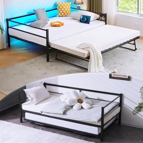 VINGLI Metal Twin Daybed with Pop Up Trundle Bed, Day Bed Frame with Charging Station and LED Lights for Living Room Guest Room or Bedroom, Black Daybed with Steel Slats for Adults, Teens and Kids VINGLI