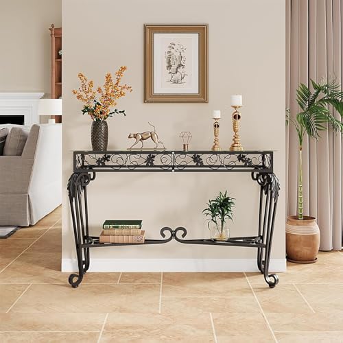 HavenlyYouth Console Table 47.2", Tempered Glass Sofa Tables, Vintage Entryway Table with Metal Frame, Console Tables for Living Room, Entrance, Foyer, Adjustable Feet (Black) HavenlyYouth
