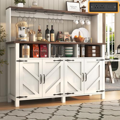 Buffet Sideboard with Storage Hutch with Power Outlets 4 Doors, Large Farmhouse Kitchen Storage Cabinet Wood Coffee Bar Cabinet with Goblet Holder and Cup Hooks for Kitchen, Dining Room, Entryway knoworld