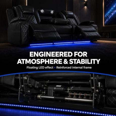 Power Reclining Sectional Sofa for Living Room, 3 Pieces Leather Recliner Sofa Set with USB Ports, LED Light, Wireless Charger & Storage Console, Living Room Furniture Sets with Home Theater Seating Puduvir